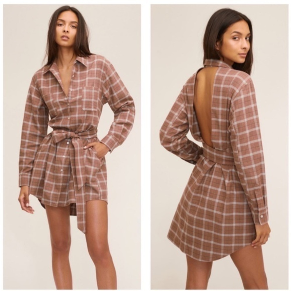 Marissa Webb NWT XS Flannel Open Back Tie Waist Long Sleeve‎ Mini Dress Plaid